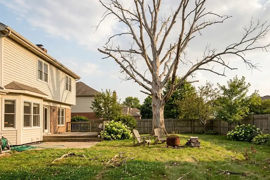 Large standing dead tree in back yard