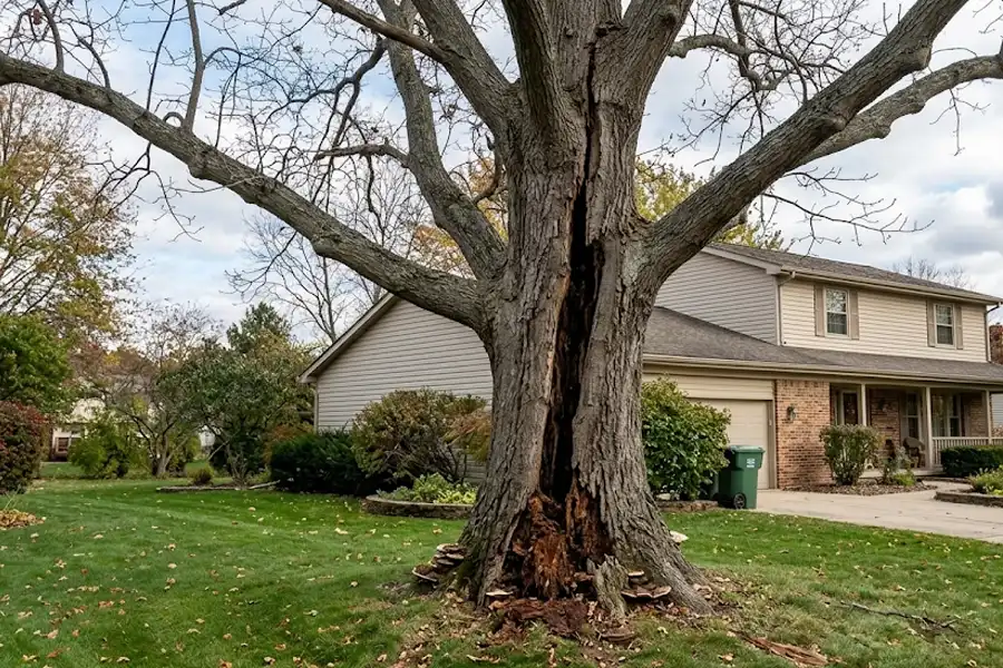 Large tree with vertical split and rot
