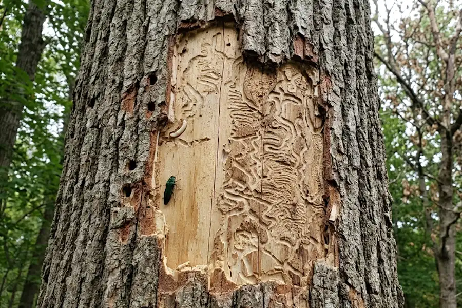 tree with a large section of bark missing from emerald ash borer damage