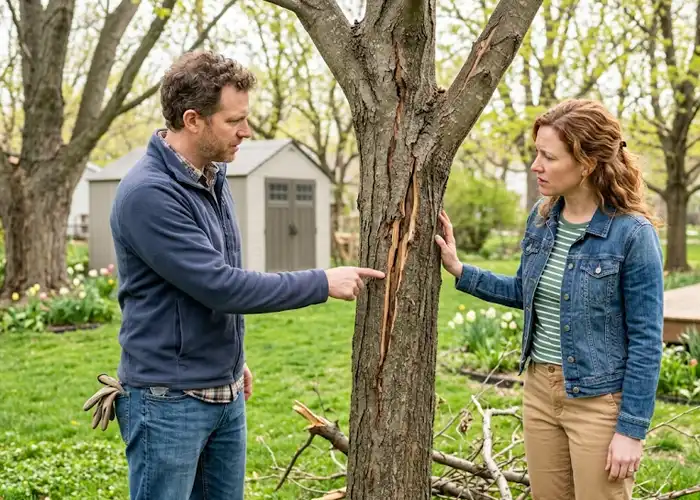 Homeowners inspecting tree damage in the spring