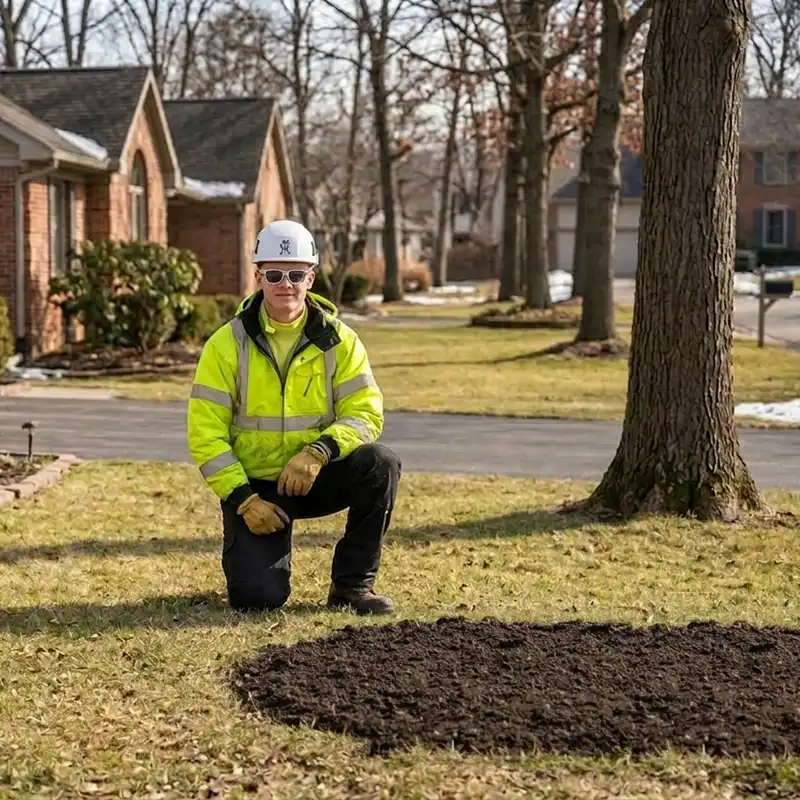 G2 Tree Services - arborist kneeling at soil patch