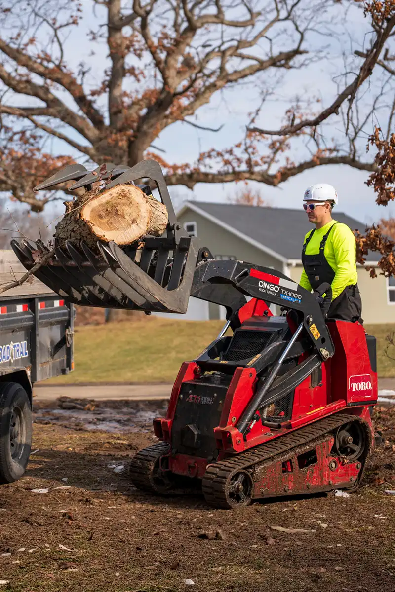 G2 Tree Services - arborist loading tree branches into trailer with skid steer grapple